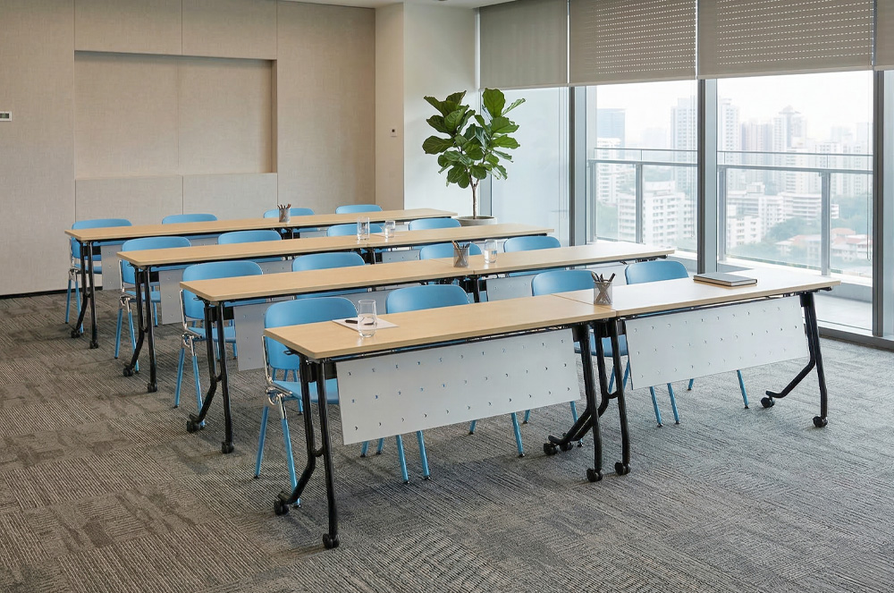 祖禾辦公家具推薦，移動式摺疊桌/折合桌，適合培訓教室、會議室，方便根據活動需求快速調整佈局，節省空間，收納便利，亦可作為臨時工作站。