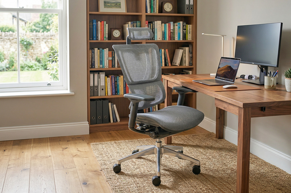 祖禾辦公家具推薦，全網布人體工學電腦椅，透氣舒適，提供坐深、扶手、椅背角度調整，適合長時間辦公，具備腰部支撐與頭枕，有效保護脊椎，改善坐姿，預防腰酸背痛。